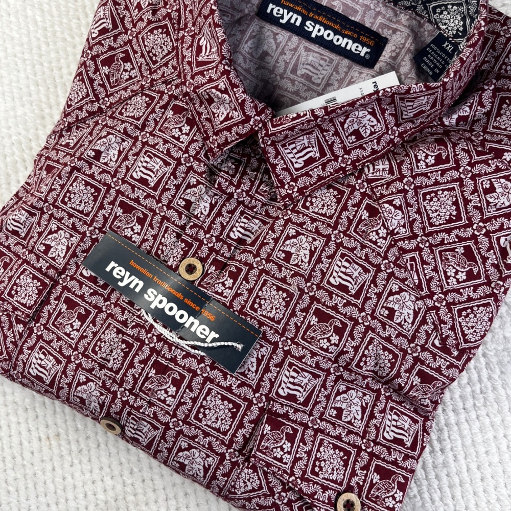 Reyn Spooner NWT Lahaina Sailor Print Maroon Red Hawaiian Block Print Shirt XXL